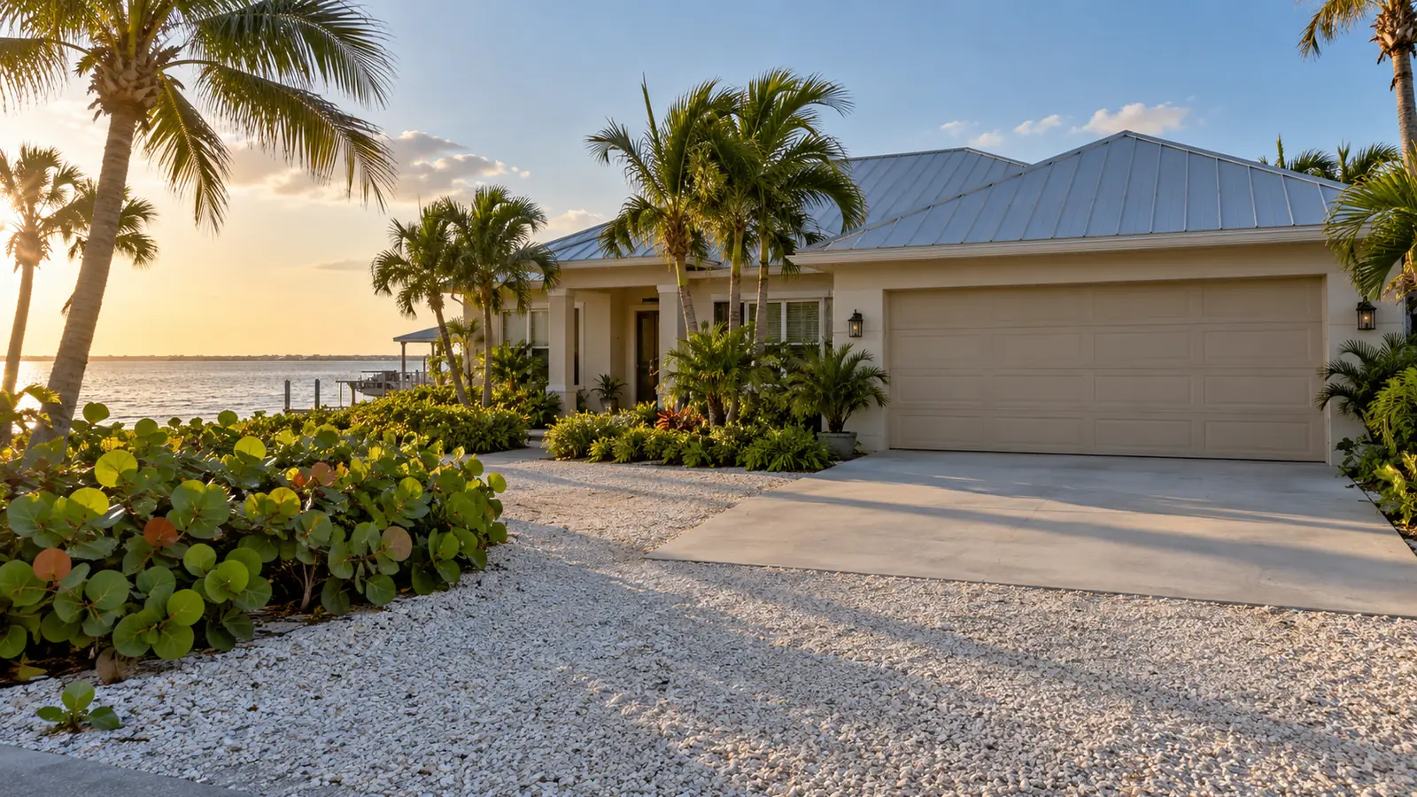 A sand colored two car garage door on a coastal home in Gulf Breeze with palms and bay water behind