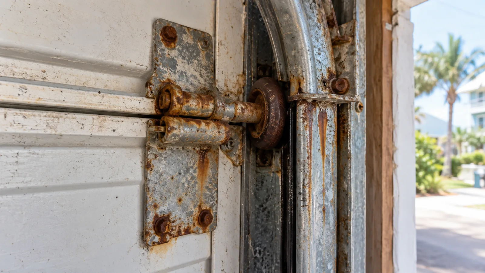 Rusted garage door roller, hinge and track bracket with rust streaks inside a coastal garage